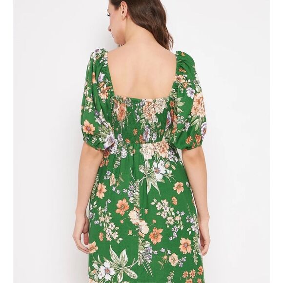 Floral Green Puff Sleeve Dress GREEN FLORAL RAYON LINEN MINI DR - Picture 4 of 5